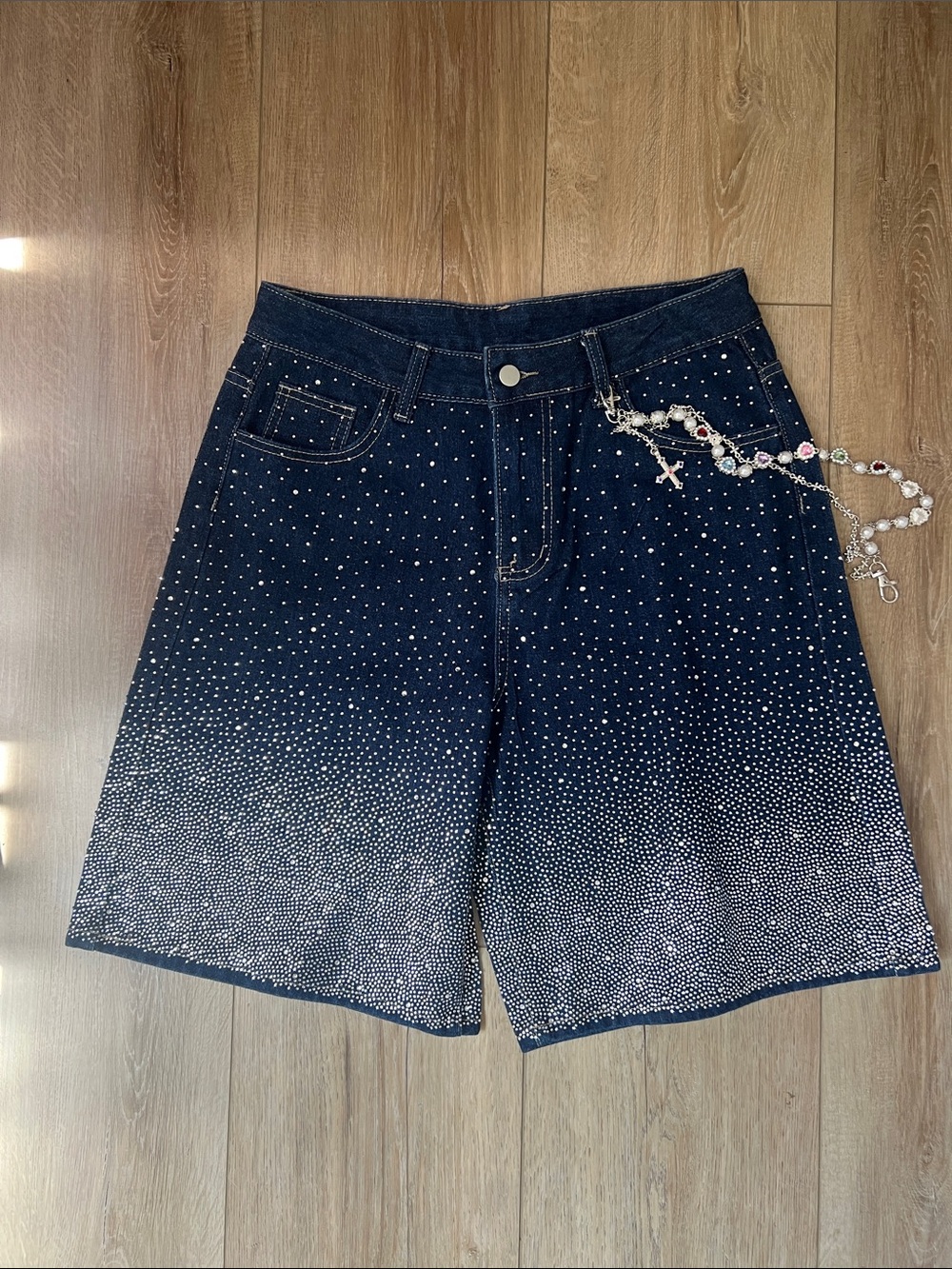 Women’s Dark Blue Rhinestone Denim Shorts